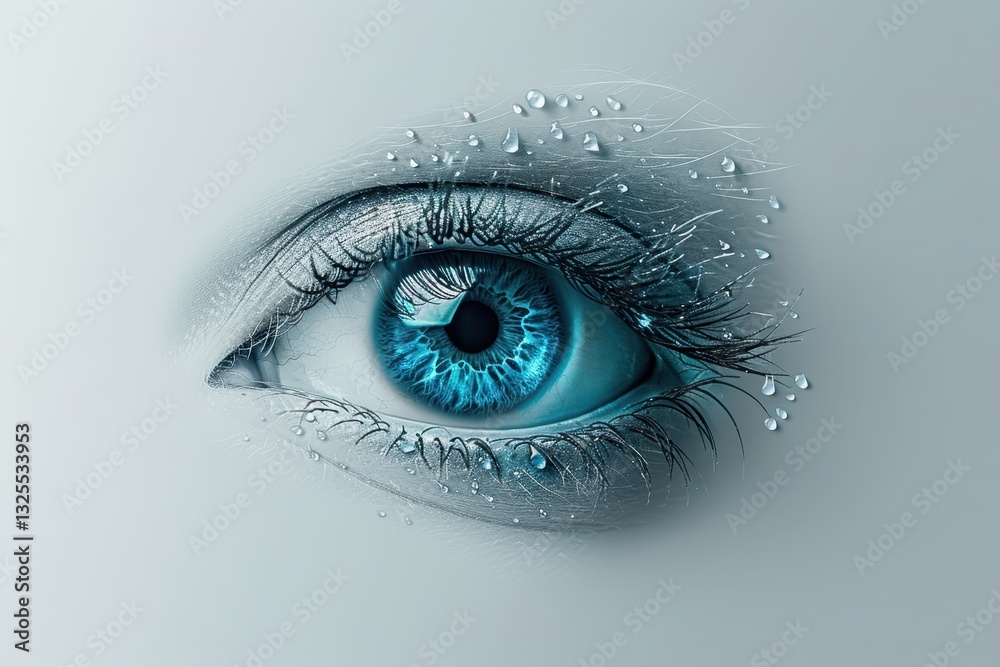 Close-Up of a Stunning Blue Eye with Water Droplets and Detail Close-Up of a Stunning Blue Eye with Water Droplets and Detail