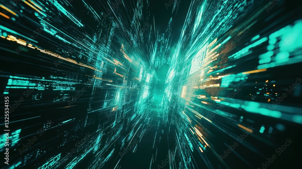 Generative AI, Futuristic Abstract Light Streaks in Neon Blue and Emerald Green