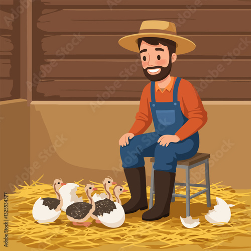 Farmer Sitting Watching Little Birds Hatching From Eggs in Barn