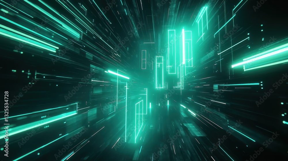 Generative AI, Futuristic Abstract Light Streaks in Neon Blue and Emerald Green