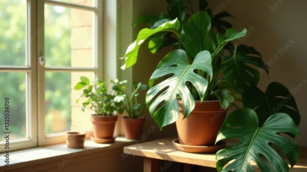 Fototapeta premium Sunlit Windowsill with Lush Indoor Foliage A Tranquil Display of Potted Plants Basking in Natural Light
