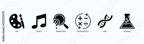 Creative And Scientific Exploration Icons Icon Set Isolated Vector Illustration Concept With Icon Of Art, Music, Magnifying, Mathematics, Dna, Science In Glyph Style