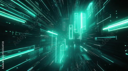 Obraz na płótnie Generative AI, Futuristic Abstract Light Streaks in Neon Blue and Emerald Green w salonie