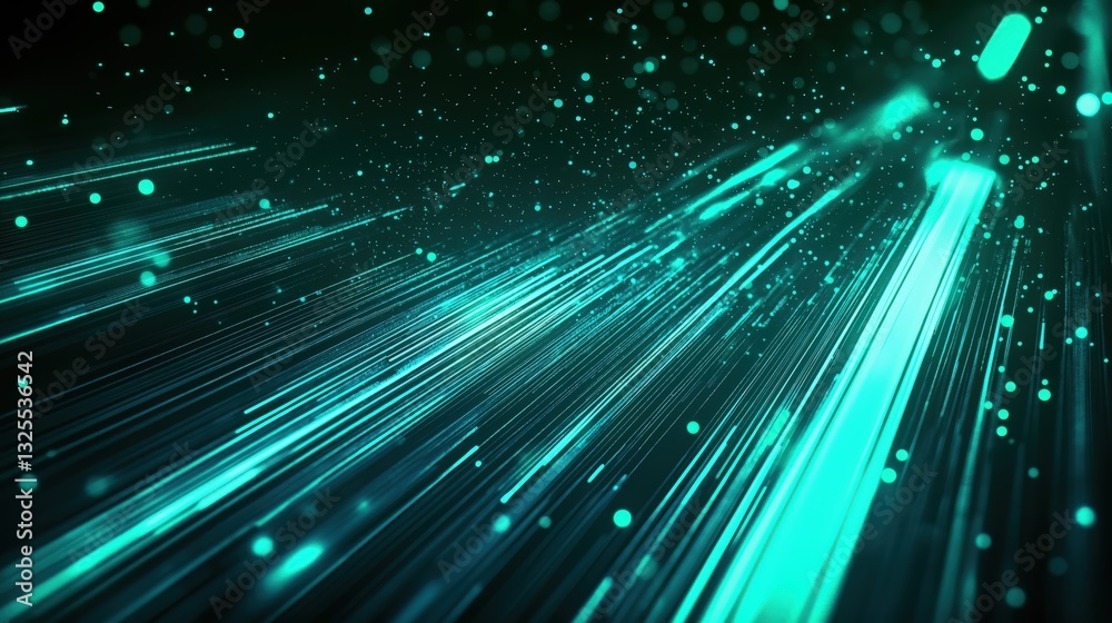 Generative AI, Futuristic Abstract Light Streaks in Neon Blue and Emerald Green