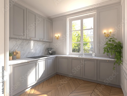 Elegant gray kitchen with marble countertop, herringbone floor, and window.