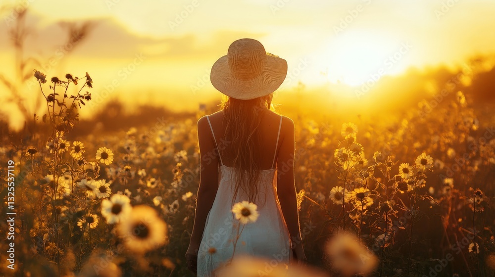 Fototapeta premium Silhouette of woman standing in a field of flowers during sunset.