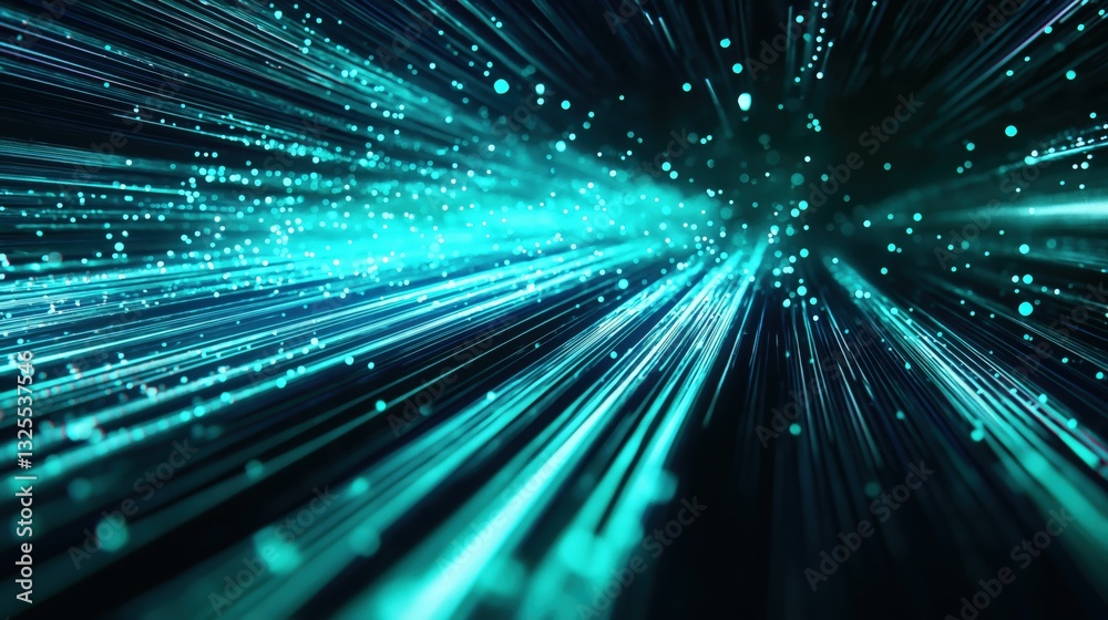 Generative AI, Futuristic Abstract Light Streaks in Neon Blue and Emerald Green