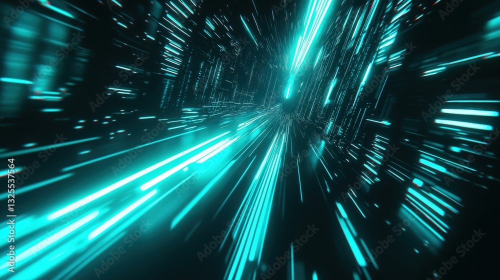 Generative AI, Futuristic Abstract Light Streaks in Neon Blue and Emerald Green