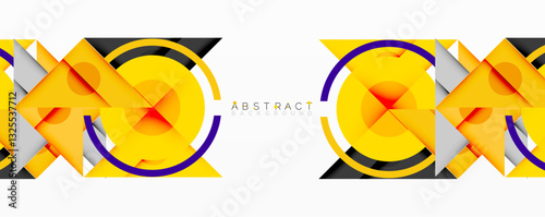 Geometric abstract design with layered triangles, circles, and gradients, forming a structured pattern with sharp contrasts and depth