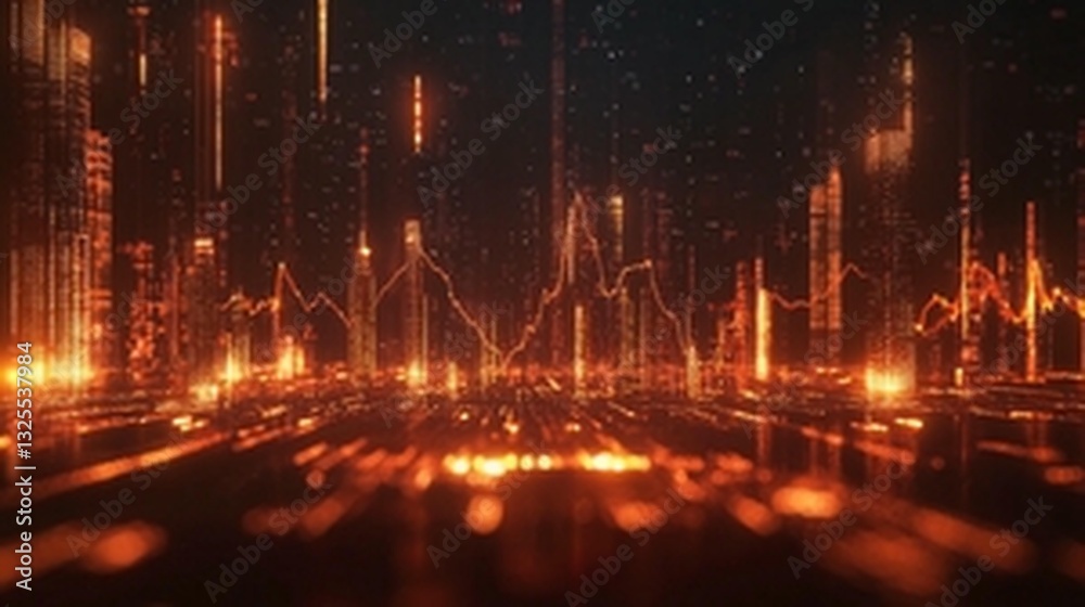 Naklejka premium Futuristic cityscape at night with glowing orange lines and data streams.