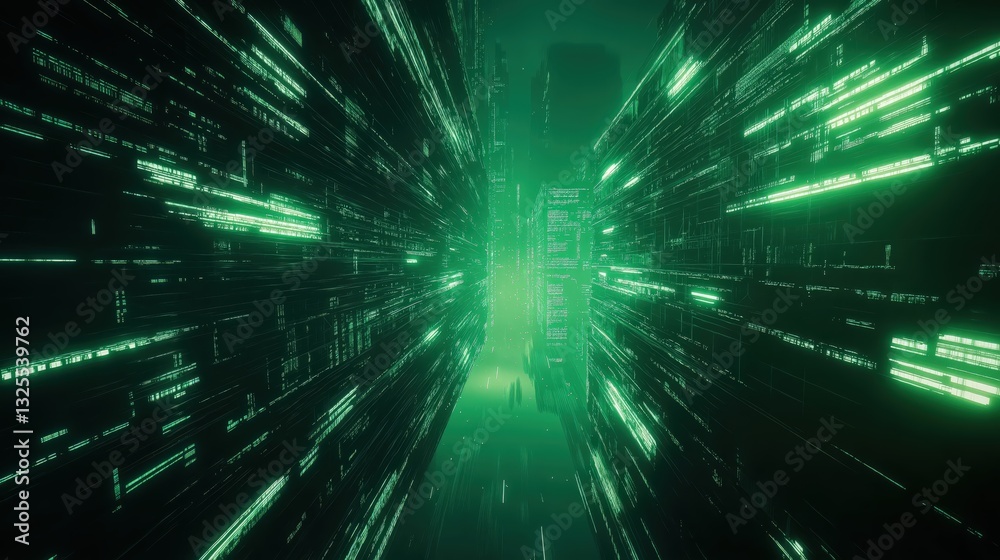 Generative AI, Futuristic Abstract Light Streaks in Neon Blue and Emerald Green