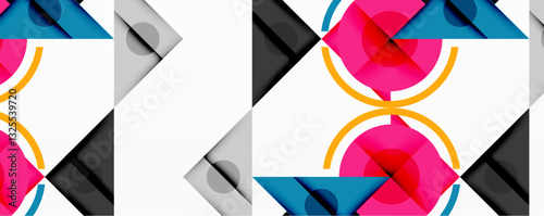 Geometric abstract design with layered triangles, circles, and gradients, forming a structured pattern with sharp contrasts and depth