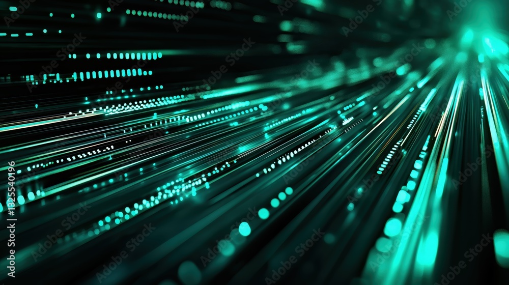 Generative AI, Futuristic Abstract Light Streaks in Neon Blue and Emerald Green