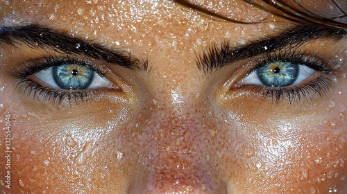 Intense Gaze of Blue Eyes Adorned with Water Droplets High Definition Close Up Portrait Art