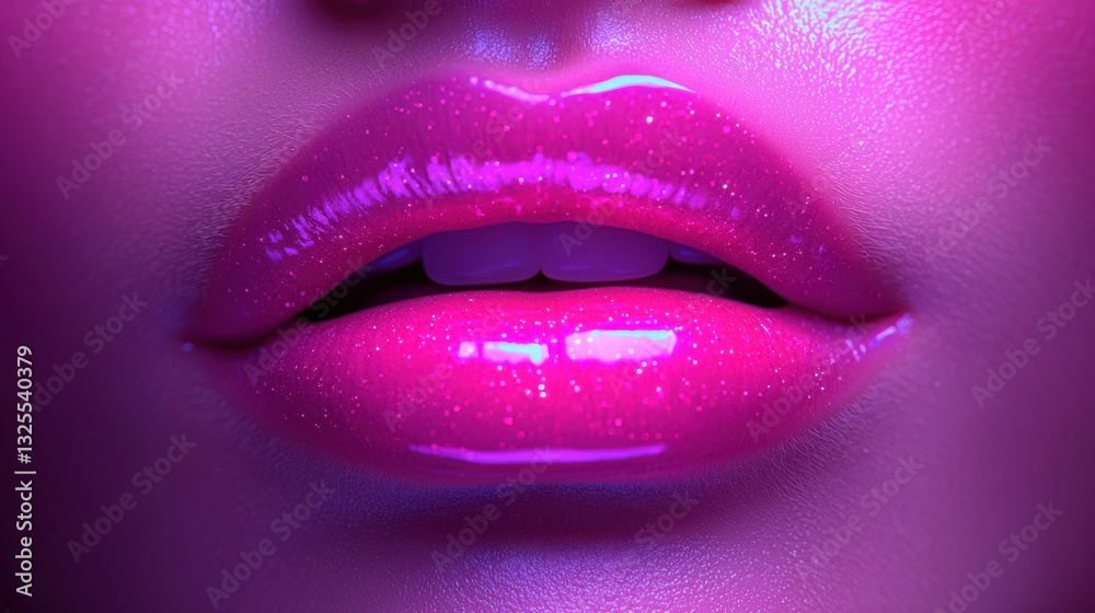Obraz premium Luscious Pink Lips with Glossy Shine Enhanced by Vivid Illumination and Subtle Dental Display