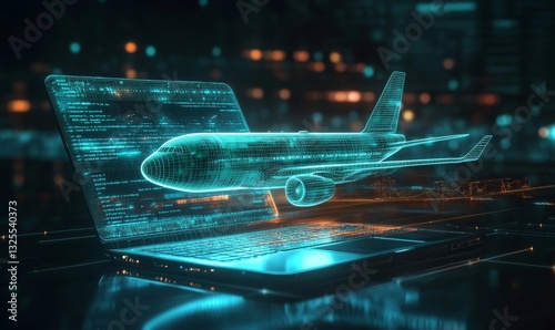 a laptop displaying a hologram of an airplane.