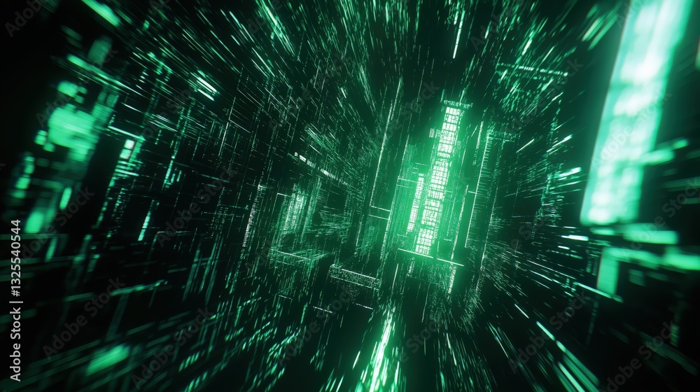 Generative AI, Futuristic Abstract Light Streaks in Neon Blue and Emerald Green