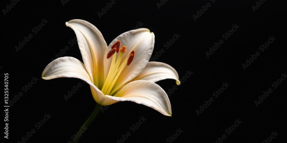 Fototapeta premium A Delicate White Lily Blossom Against a Dark Background, a Study in Contrast and Elegance