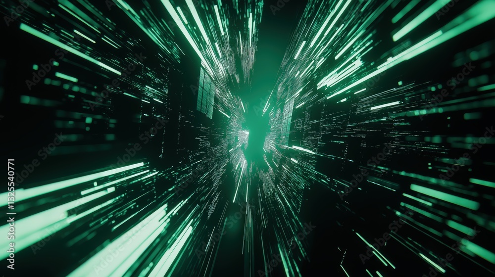 Generative AI, Futuristic Abstract Light Streaks in Neon Blue and Emerald Green