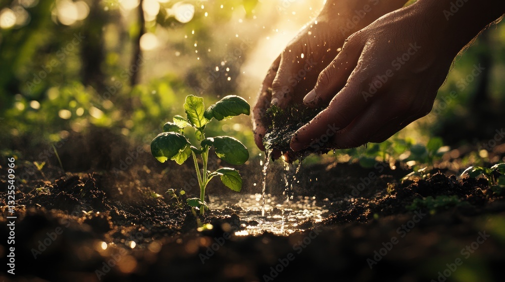 Fototapeta premium Planting a Seedling Hands Nurturing New Life in Soil with Sunlight and Water