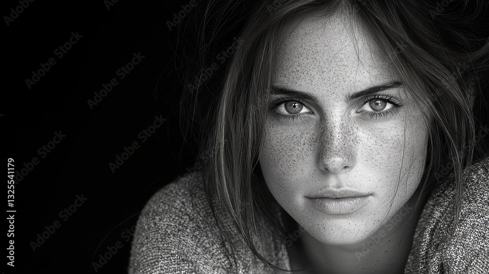 Fototapeta premium Striking Portrait of Freckled Woman Displaying Beauty and Confidence in a Monochrome Composition