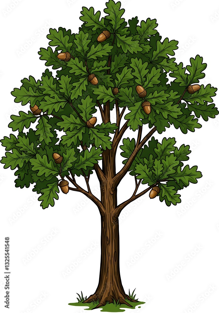 Fototapeta premium Oak Tree with Acorns Cartoon Illustration Against White Background