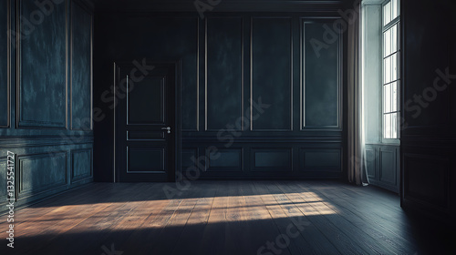 Empty Room With Dark Walls Wooden Floor Window And Door Casting Shadows From Sunlight