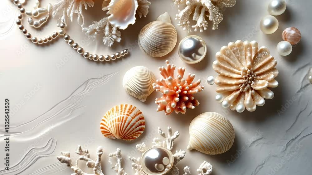 Graceful drift of pearls and shells on elegant marble surface Graceful drift of pearls and shells on elegant marble surface