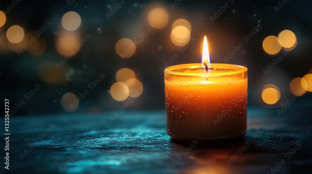 A lit candle with a flame and wax. A lit candle with a flame and wax.
