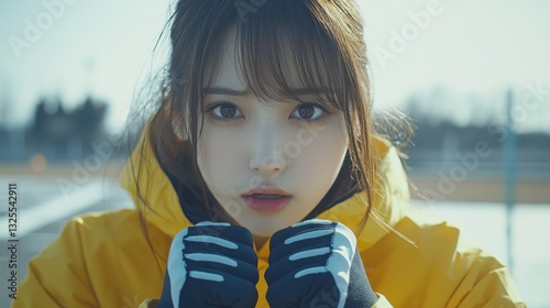 Woman wearing a yellow jacket demonstrating runners stamina and enthusiasm while engaging in outdoor fitness activities