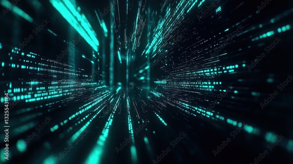 Generative AI, Futuristic Abstract Light Streaks in Neon Blue and Emerald Green