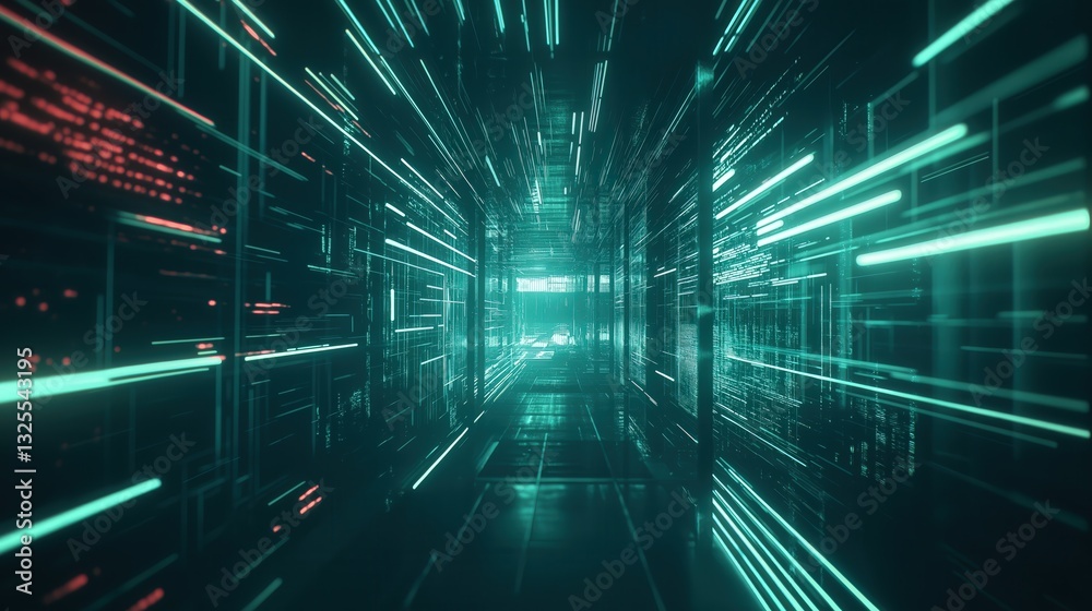 Generative AI, Futuristic Abstract Light Streaks in Neon Blue and Emerald Green
