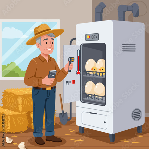 Farmer Inspecting Egg Incubation Temperature with Chicks Hatching Inside Machine