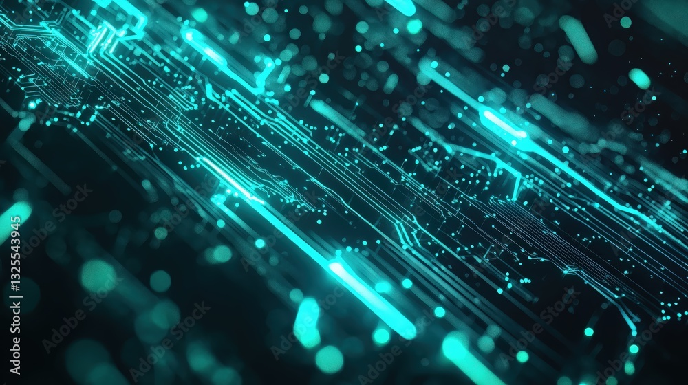 Generative AI, Futuristic Abstract Light Streaks in Neon Blue and Emerald Green