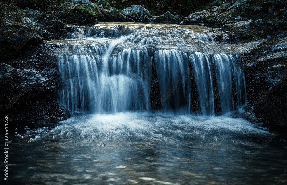 Fototapeta premium Serene Waterfall Flowing Gently Over Rocks in a Peaceful Forest Setting Surrounded by Lush Greenery and Natural Beauty in Soft Light