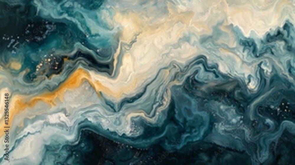Abstract art painting with swirling teal, cream, and gold colors. Abstract art painting with swirling teal, cream, and gold colors.