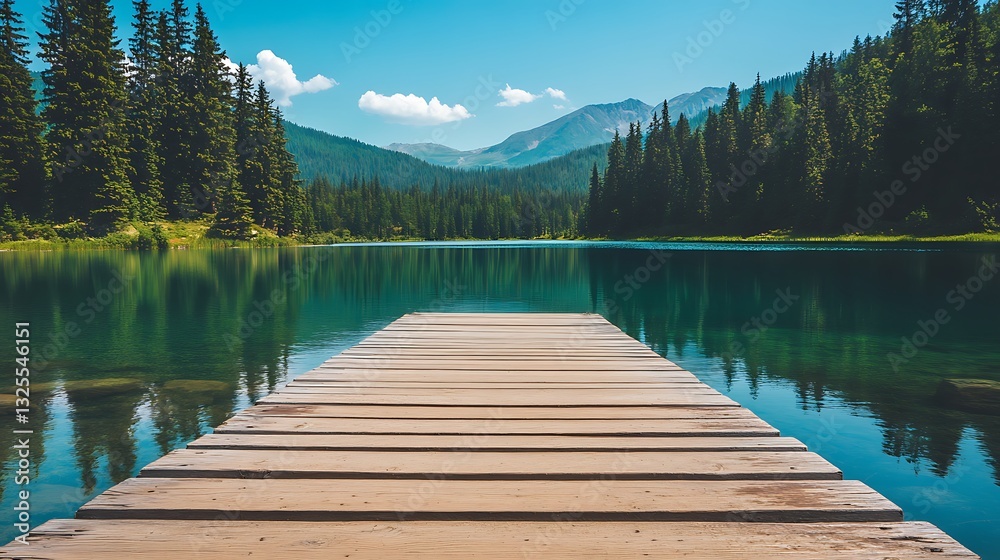 Obraz premium Wooden dock on serene lake reflecting forest and mountains, inviting leisure/travel imagery