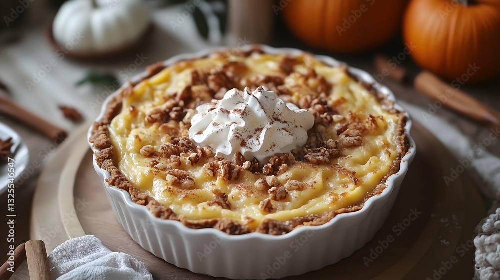 Close-up view of a delicious Thanksgiving pumpkin pie topped with whipped cream and nuts on a rustic holiday table Close-up view of a delicious Thanksgiving pumpkin pie topped with whipped cream and nuts on a rustic holiday table
