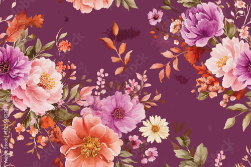 Beautiful seamless floral pattern with watercolor background. Flower vector illustration.