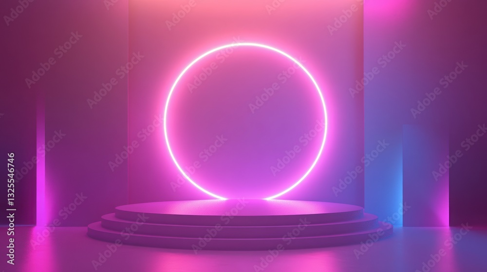 A luminous neon circle is centered over a raised platform A luminous neon circle is centered over a raised platform