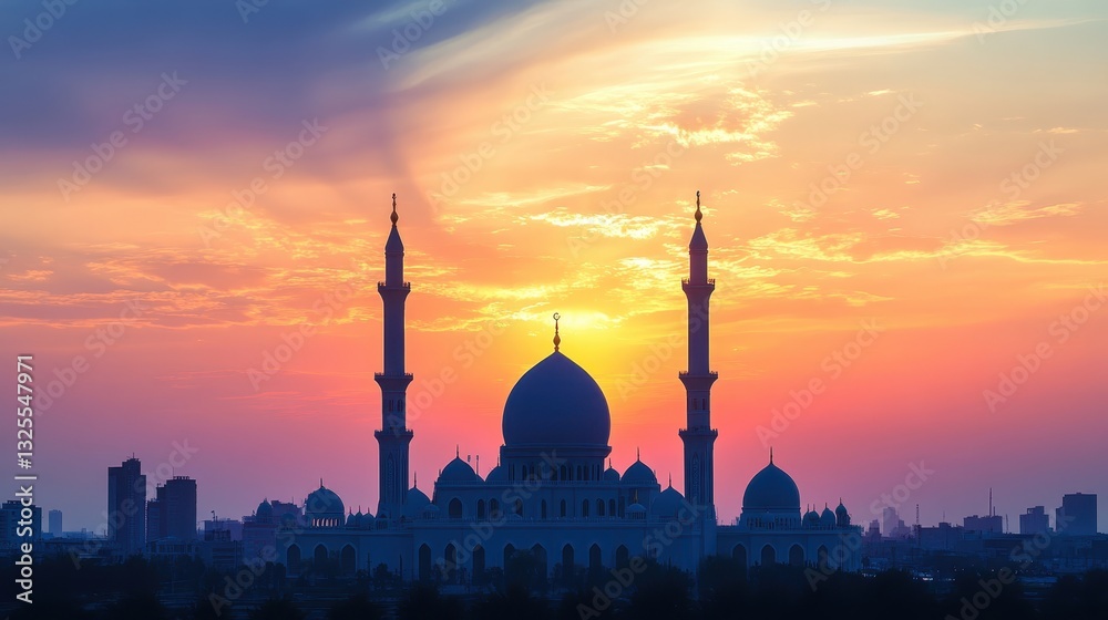 Obraz premium Majestic mosque silhouetted against a vibrant sunset, city skyline in the background. Ideal for projects related to religion, peace, or Islamic culture.