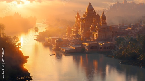 Wallpaper Mural Majestic Indian temple reflected in a tranquil river during sunrise with vibrant colors and serene surroundings Torontodigital.ca