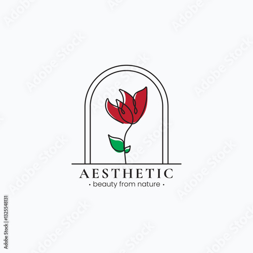 Tulip lineart logo depicting a red flower in an arch with the text aesthetic beauty from nature.