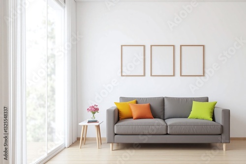 modern living room with large window gray sofa pictures side table