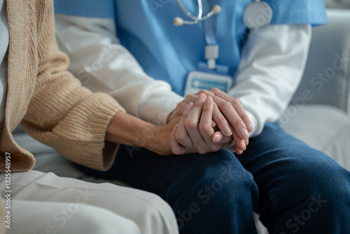 Mental health and elderly care concept.Close up hands of helping hands elderly home care.Arthritis person's hand in support of geriatric doctor or nursing caregiver.Mother and daughter.