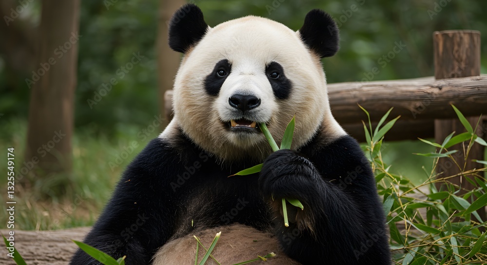 Giant Panda Chewing Bamboo in a Forested Habitat Giant Panda Chewing Bamboo in a Forested Habitat