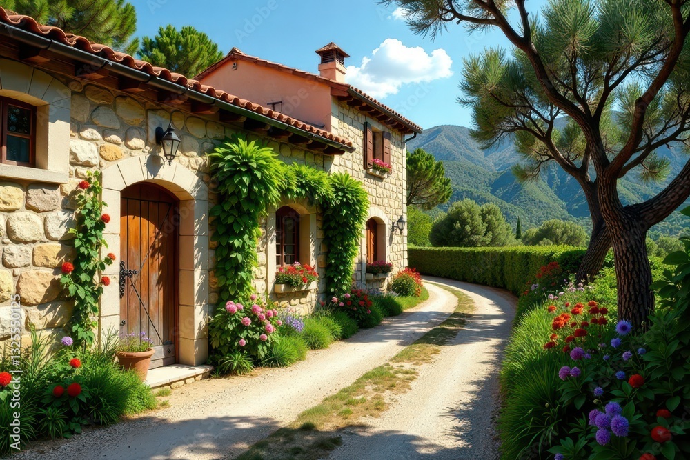 Stone house with flowering plants and curving driveway, nestled in a vibrant landscape with mountains in the background Stone house with flowering plants and curving driveway, nestled in a vibrant landscape with mountains in the background
