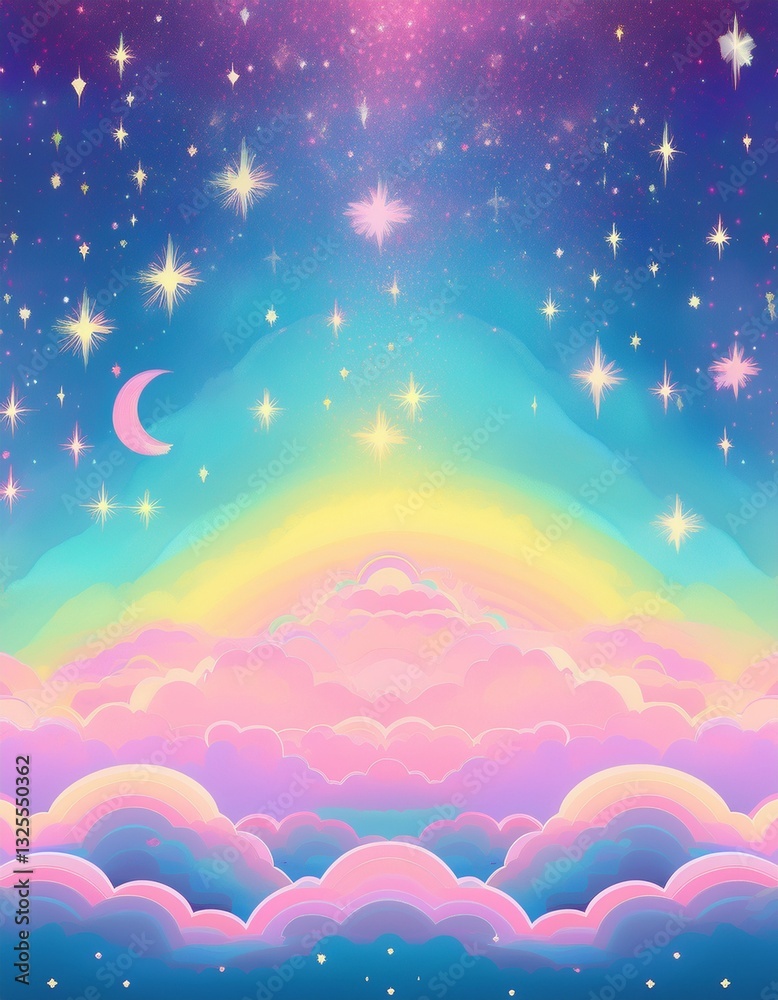 Holographic fantasy rainbow background with clouds and stars. Pastel color sky. Magical landscape, abstract fabulous pattern. Cute candy wallpaper Holographic fantasy rainbow background with clouds and stars. Pastel color sky. Magical landscape, abstract fabulous pattern. Cute candy wallpaper