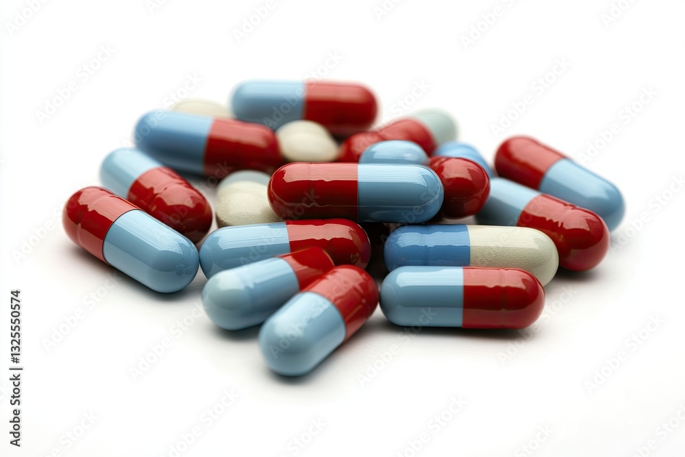 Pile of assorted pills. Small, oblong capsules in light blue and red, some white. Close-up view against white background Pile of assorted pills. Small, oblong capsules in light blue and red, some white. Close-up view against white background