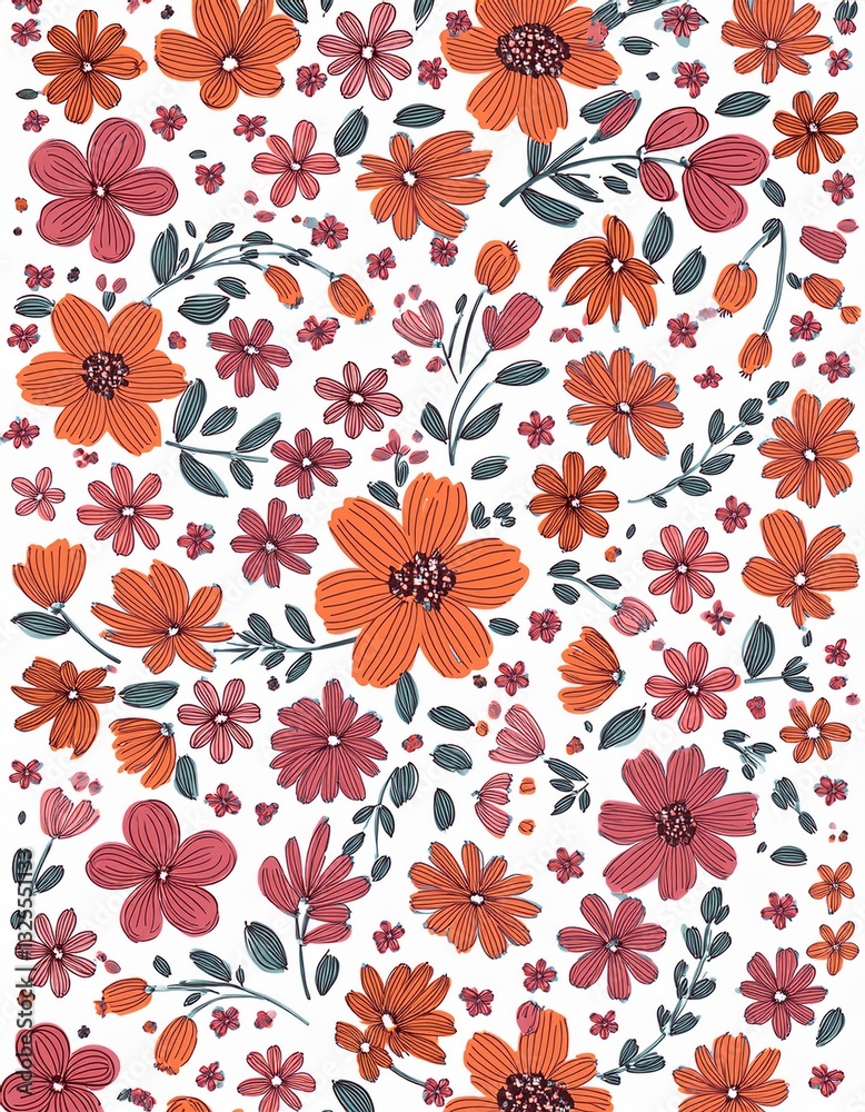 Floral pattern. Pretty flowers on a white background. Printing with small orange, red, and pink flowers. Ditsy print. Spring Bouquet.A white background, red and orange small flowers pattern. Floral pattern. Pretty flowers on a white background. Printing with small orange, red, and pink flowers. Ditsy print. Spring Bouquet.A white background, red and orange small flowers pattern.